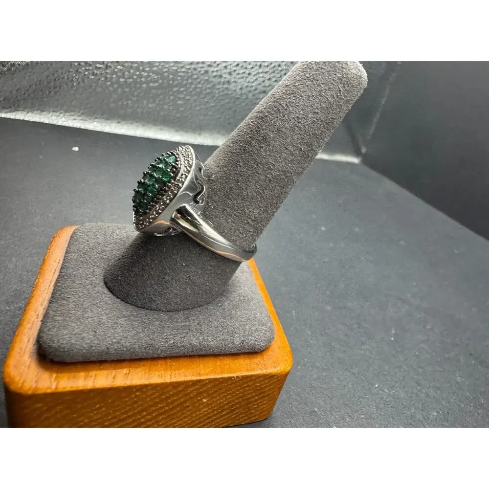 Vintage MDJ 925 Sterling Silver Emerald Stone Cluster Ring Cushion Halo Size 10